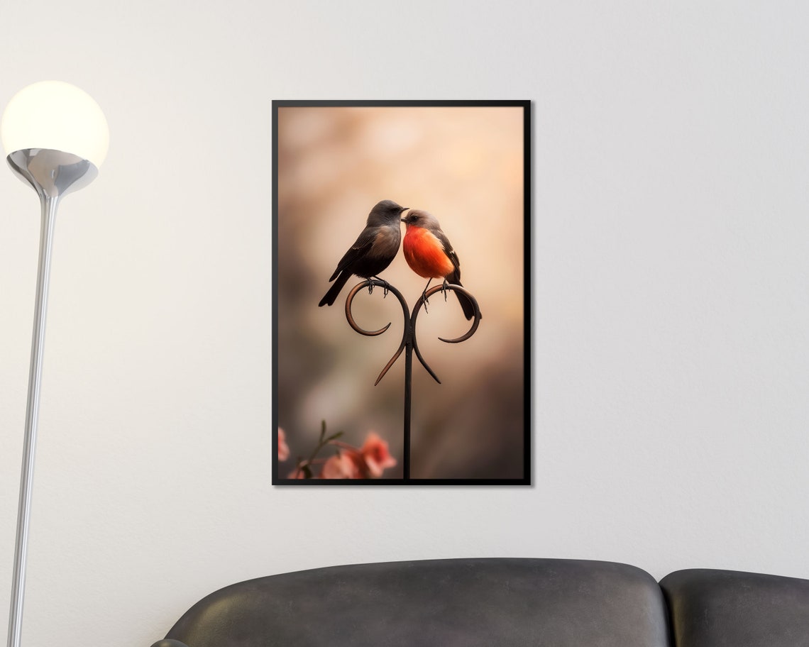 Two Birds On Heart Ironwork Perch Tender Romantic Bird Pair Poster