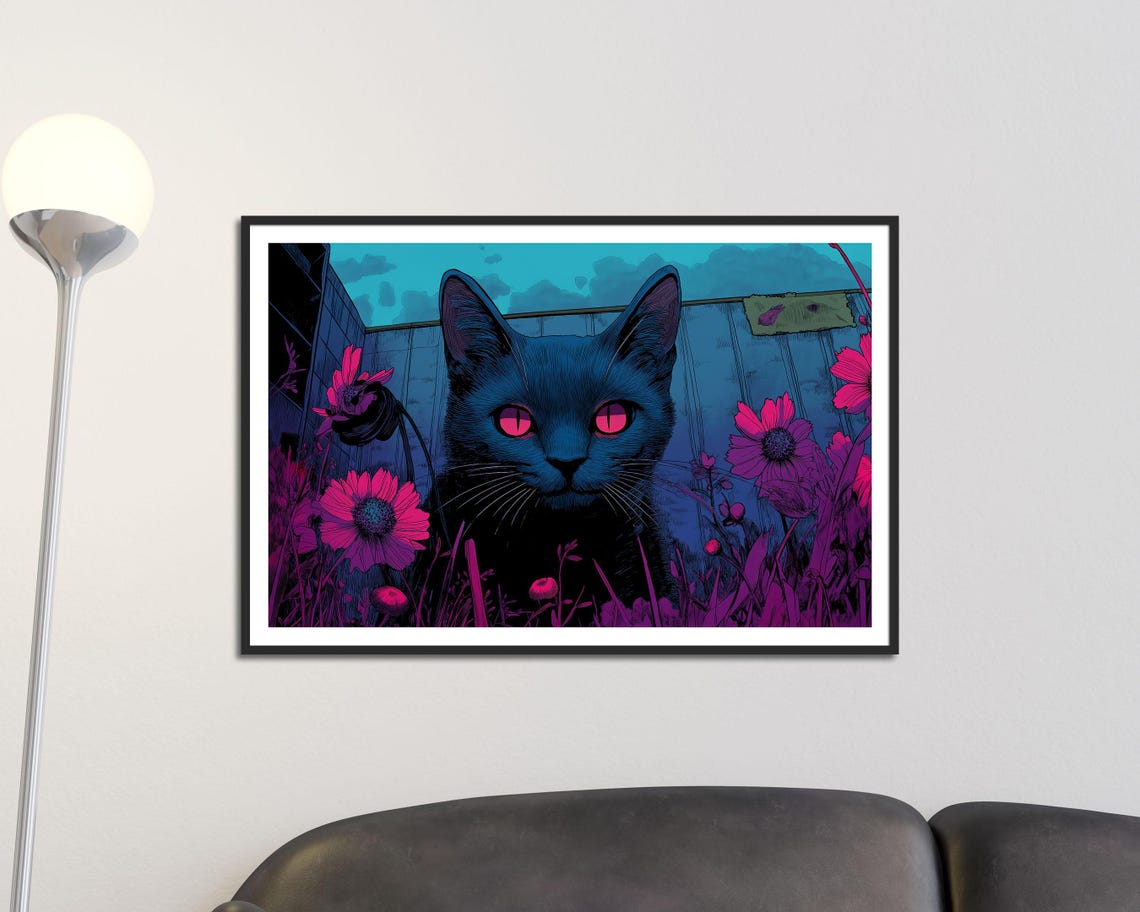 Neon Black Cat With Glowing Pink Eyes Floral Dark Aesthetic Poster - Image 3