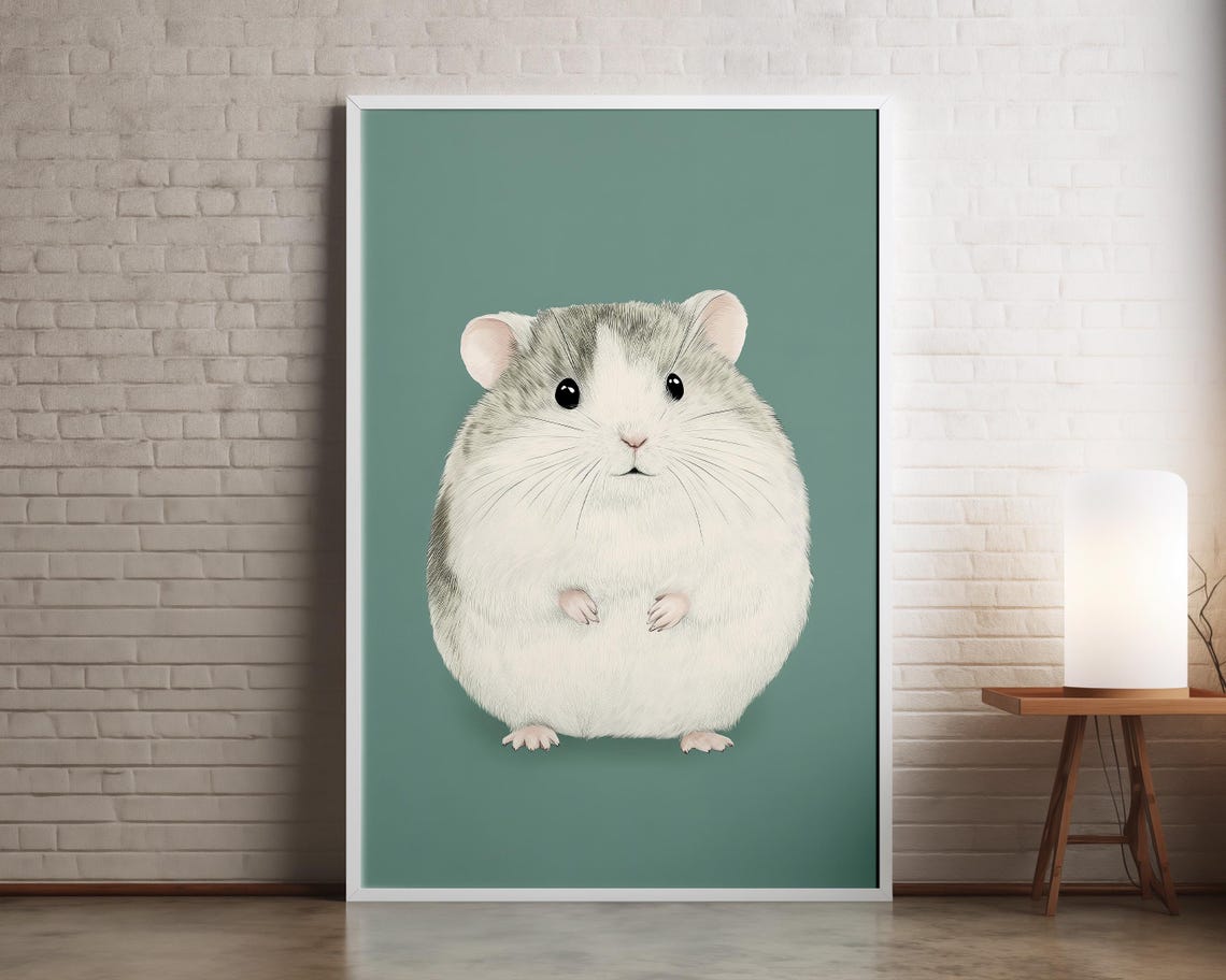Cute Chubby Grey Hamster Portrait Minimalist Sage Green Wall Art