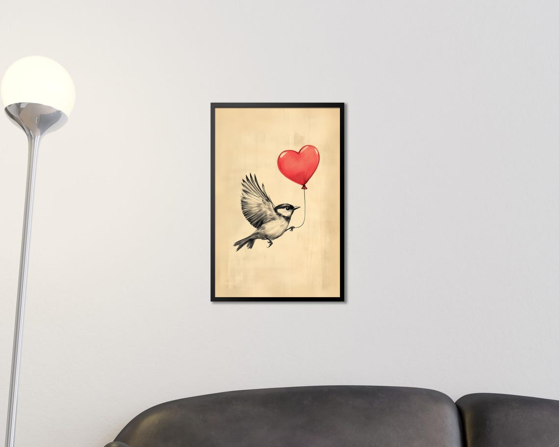 Flying Sketch Bird Carrying Red Heart Balloon Romantic Wall Art - Image 2