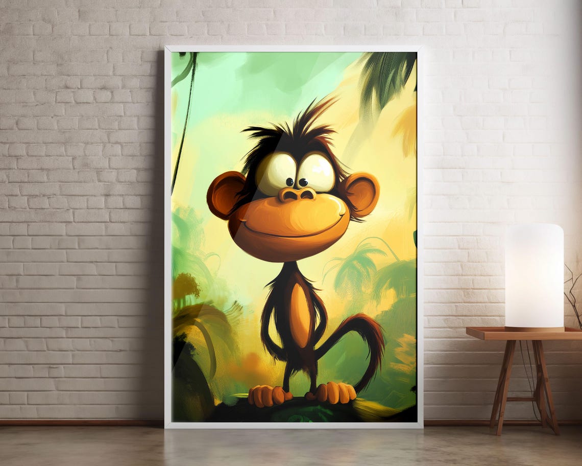 Crazy Cartoon Monkey Big Eyes Jungle Background Kids Wall Art