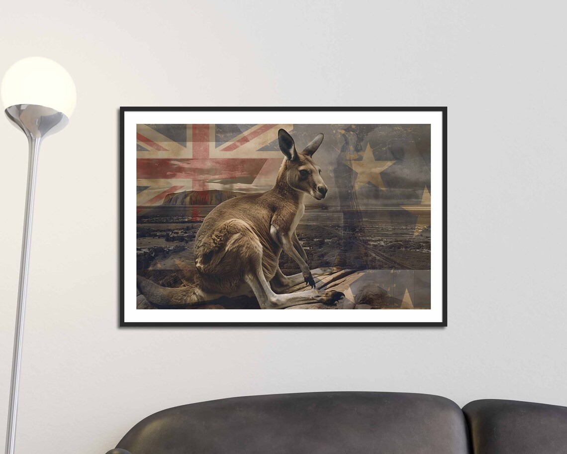 Kangaroo Australian Flag Outback Wildlife Patriotic Wall Art Poster