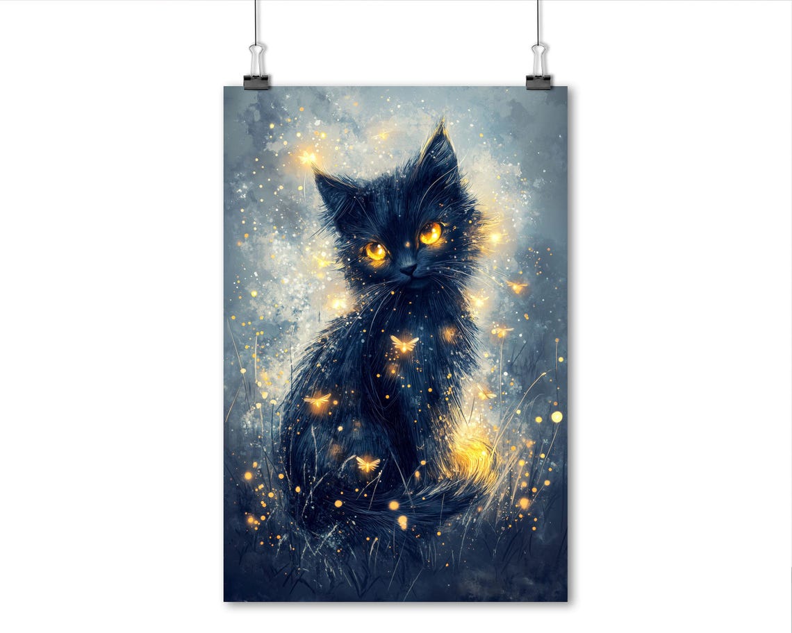 Mystical Black Kitten Golden Eyes Fireflies Magic Night Wall Art - Image 8