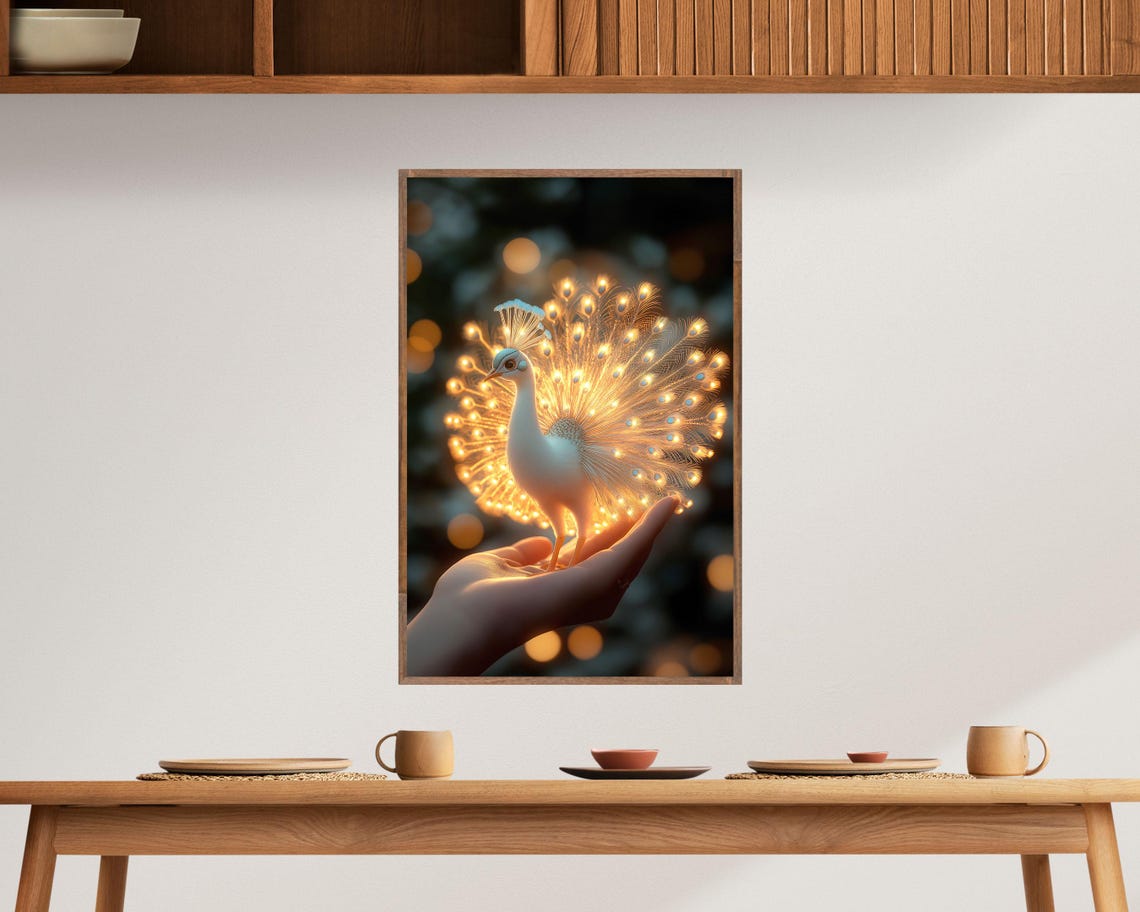 Glowing White Peacock in Hand Golden Feathers Magic Bird Art Poster - Image 4