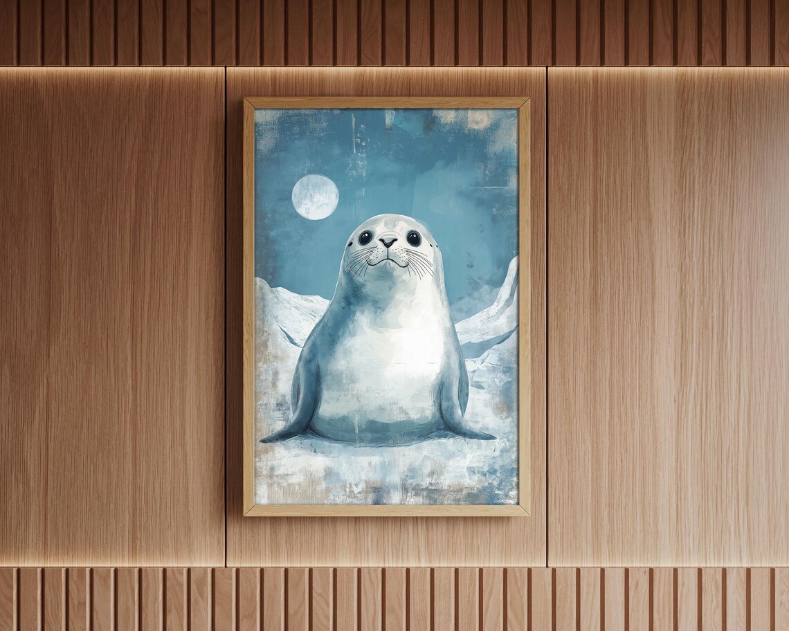 Cute Baby Seal Pup on Ice Under Moon Blue Watercolor Nursery Poster - Image 3