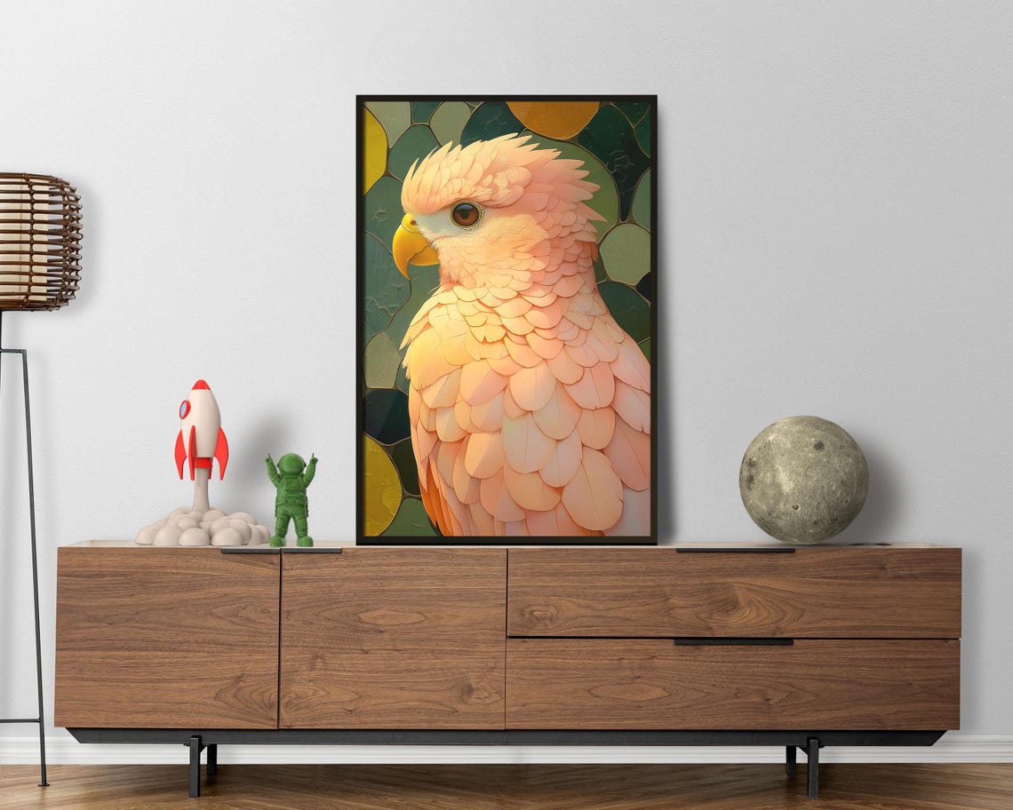 Peach Parrot Stained Glass Mosaic Style Pastel Bird Portrait Print - Image 2