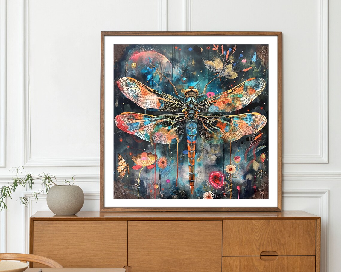 Colorful Dragonfly Dream Floral Bohemian Insect Wall Art Print