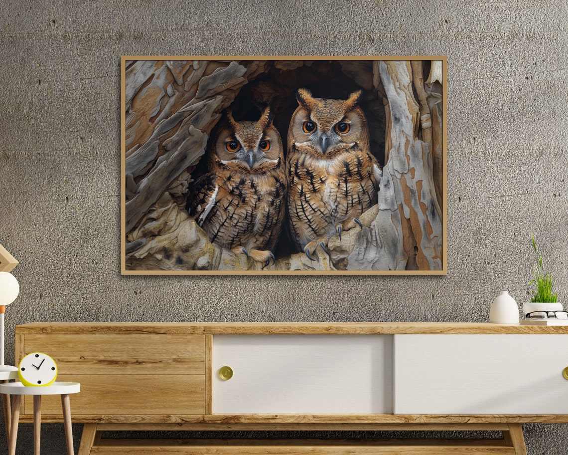 Owl Couple Peeking From Tree Hollow Wildlife Photography Poster - Image 5