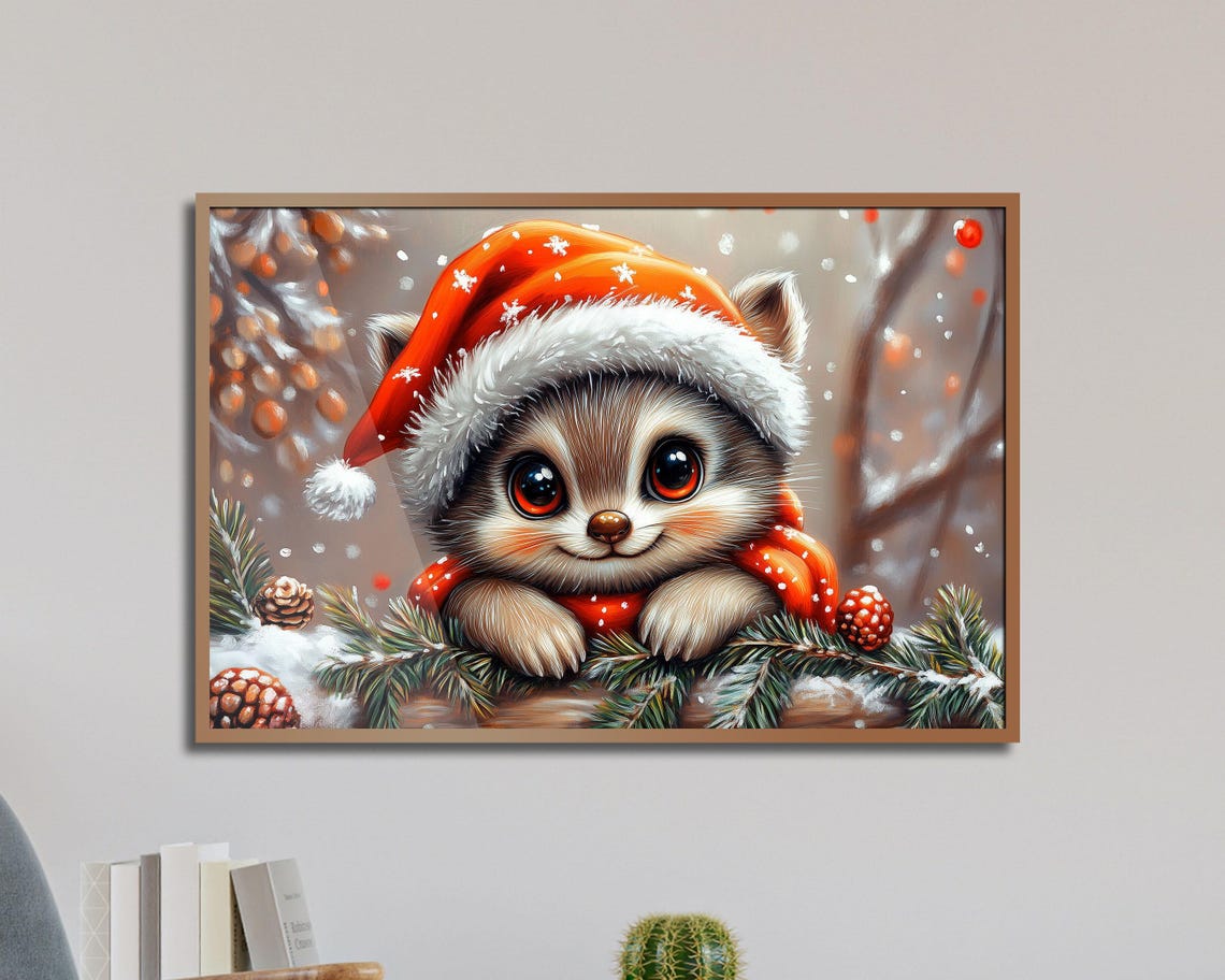 Raccoon In Santa Hat In Snowy Pine Forest Christmas Art Poster - Image 3