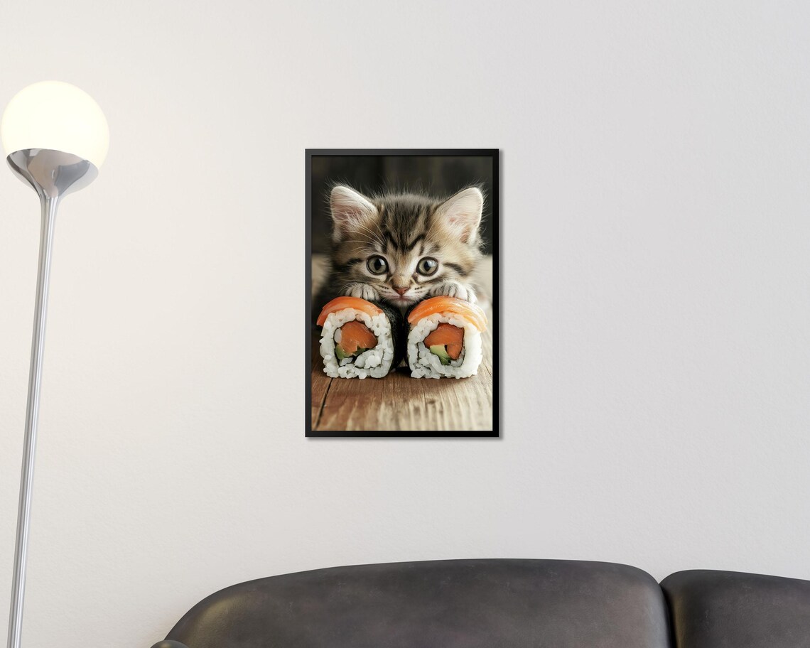 Tabby Kitten Behind Sushi Rolls Cute Foodie Kitchen Art Poster - Image 2
