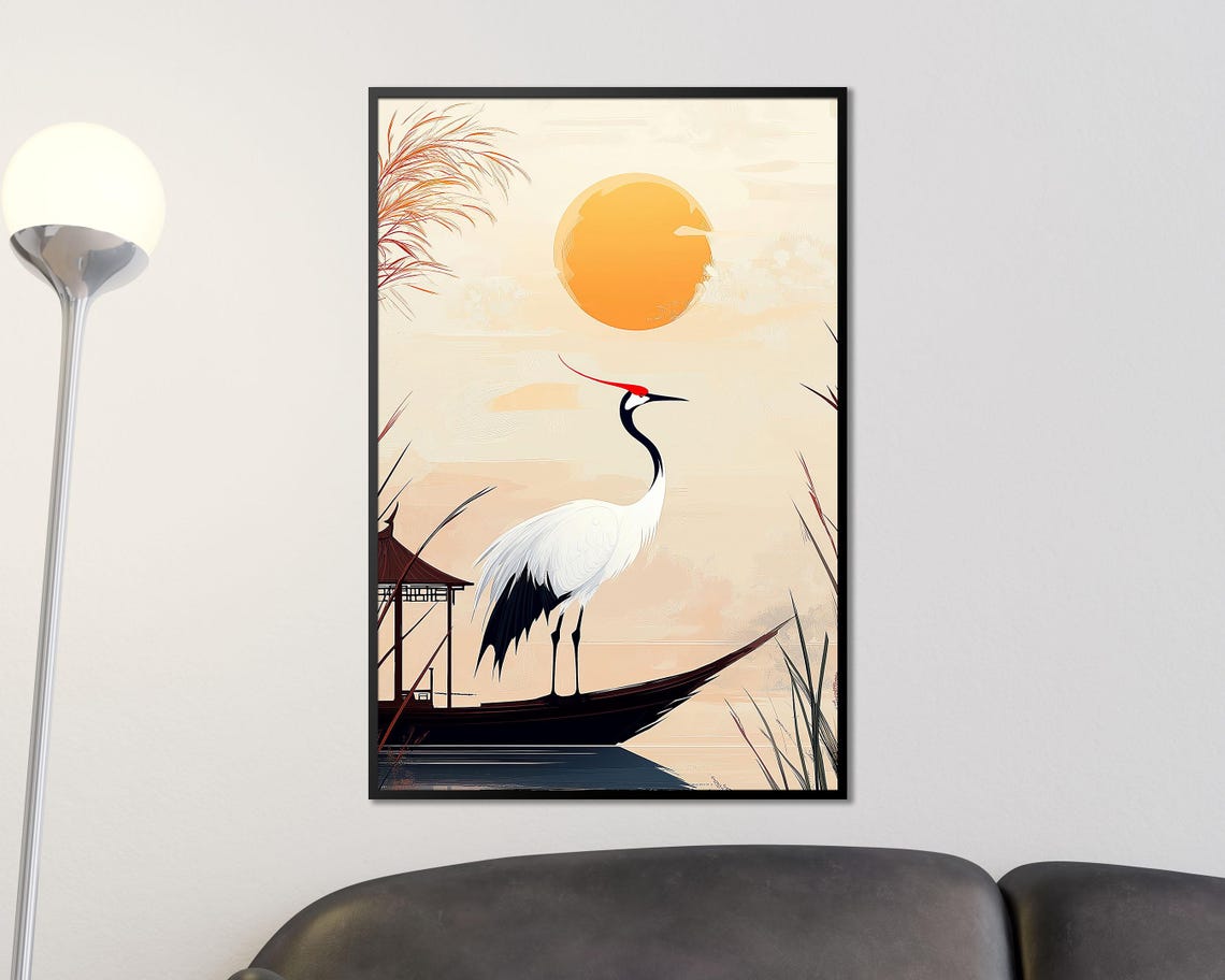 Red Crowned Crane on Boat Sunset Japanese Minimalist Nature Art Poster - Image 3