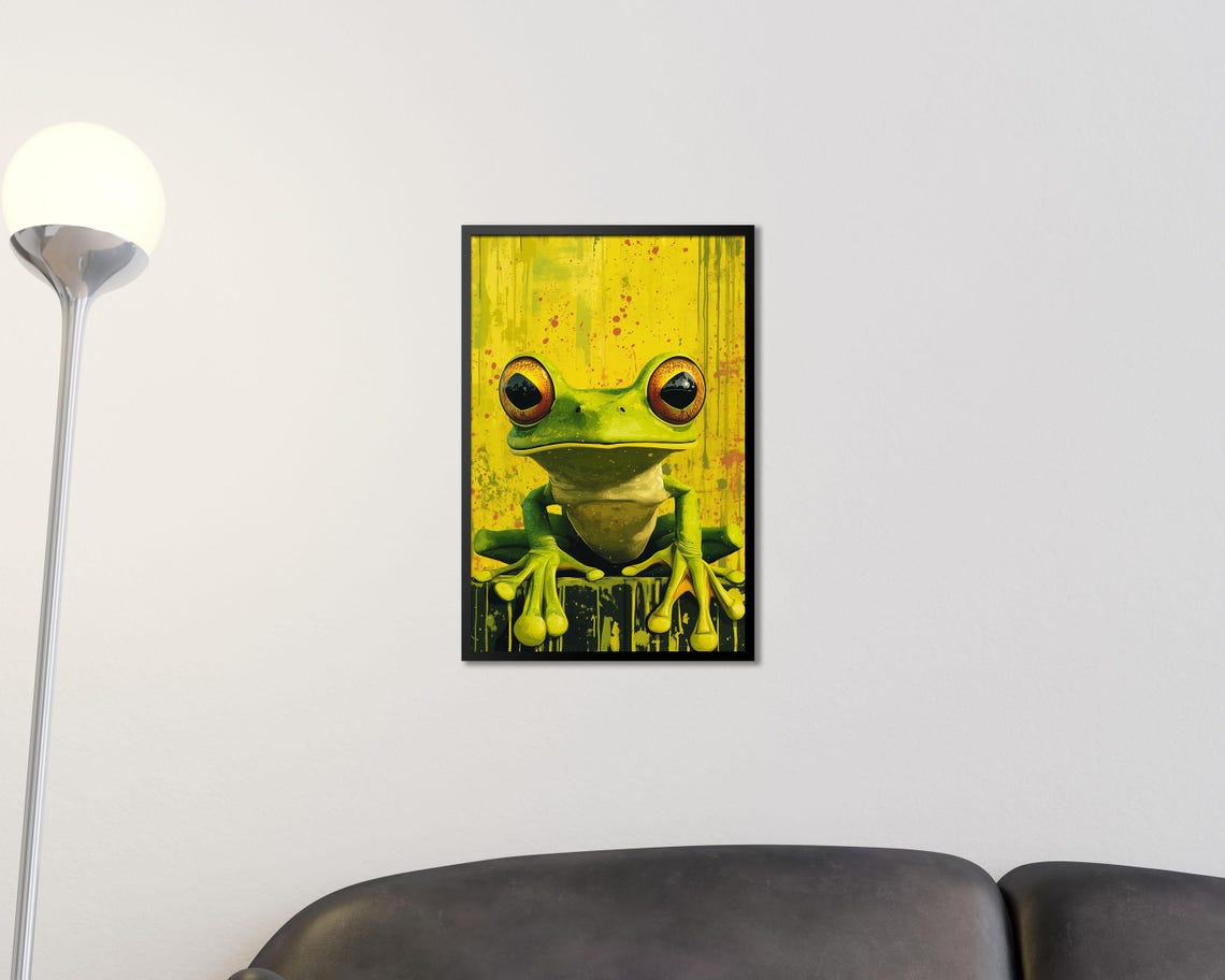 Lime Green Tree Frog Pop Art Style Bright Yellow Splatter Wall Art - Image 2