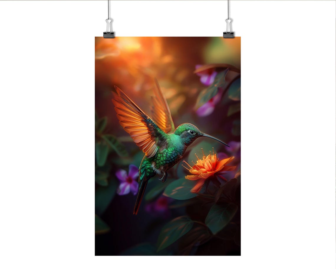 Emerald Hummingbird Hovering At Flower Golden Light Art Poster - Image 5