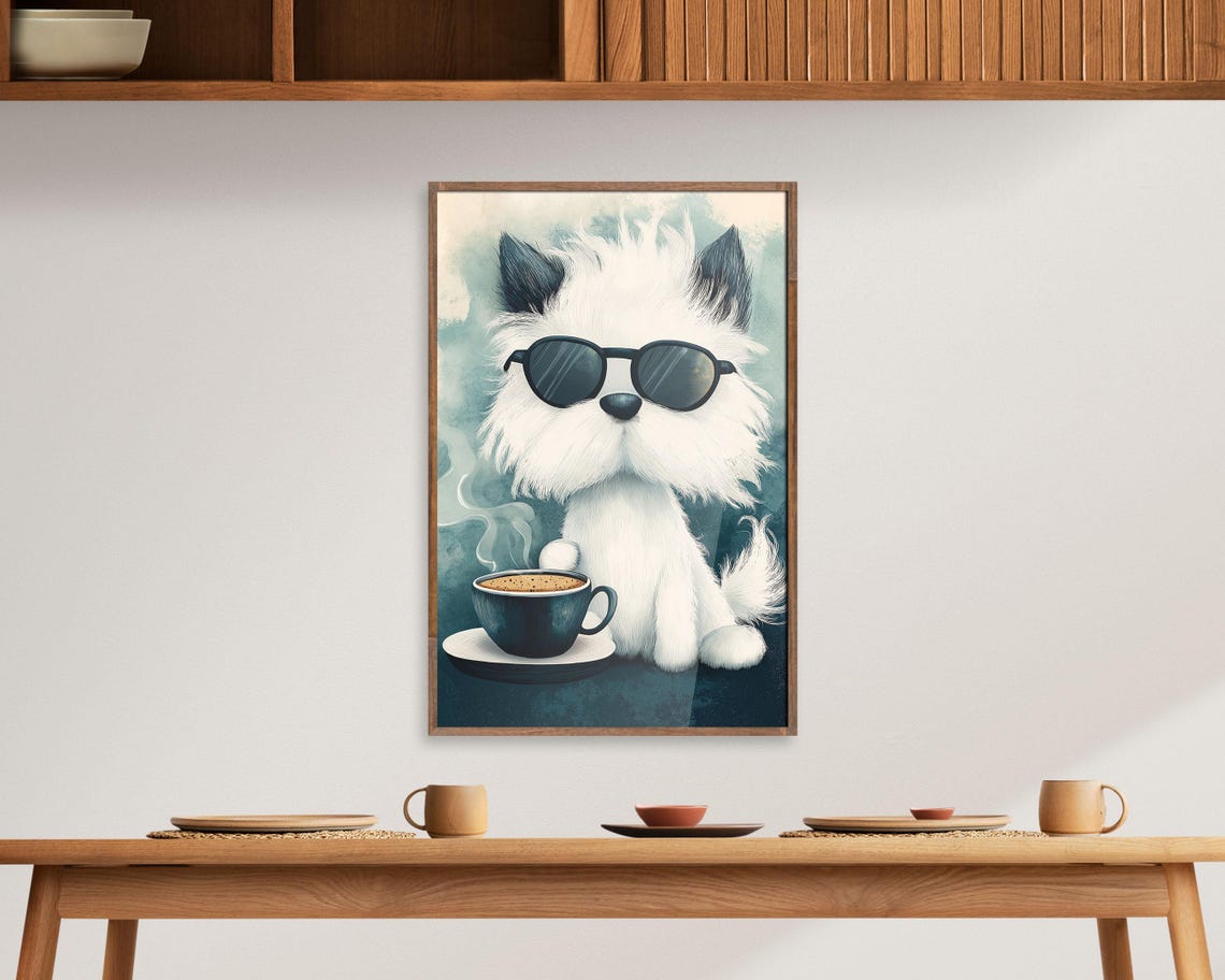 Fluffy White Dog With Sunglasses Next To Coffee Cup Cute Poster