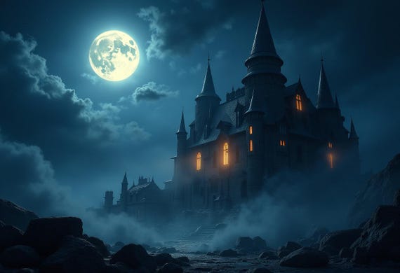 Mystical Midnight Castle With Full Moon