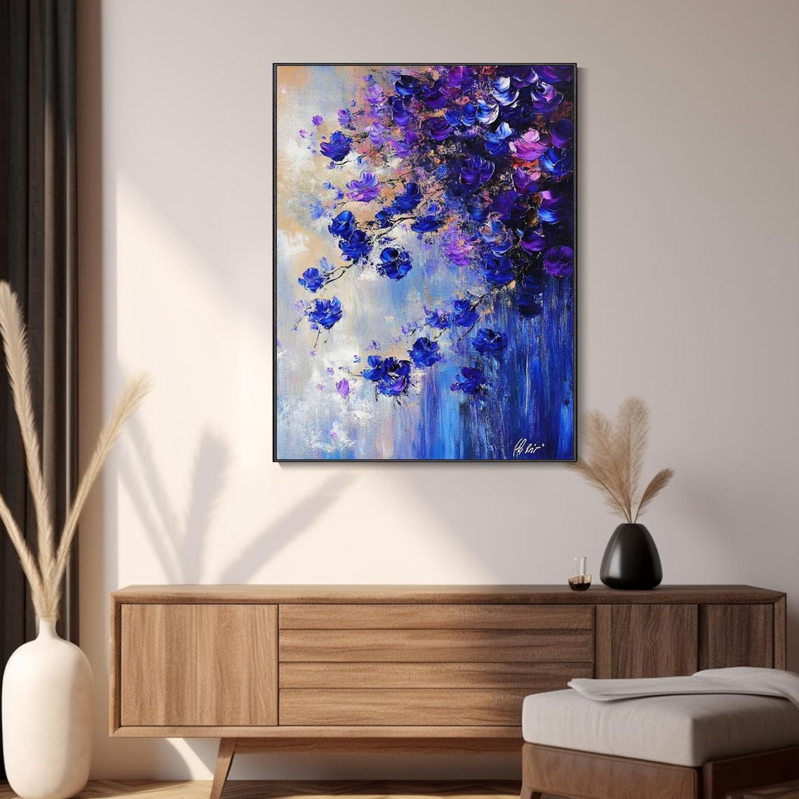 Deep Blue Violet Blossoms Cascade Textured Abstract Floral Art Poster - Image 3
