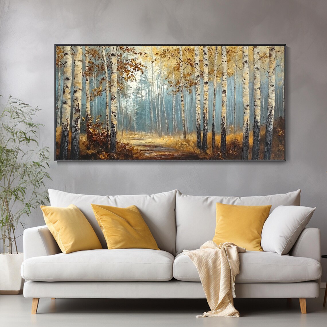 Golden Birch Forest Autumn Path Misty Woodland Landscape Wall Art - Image 2