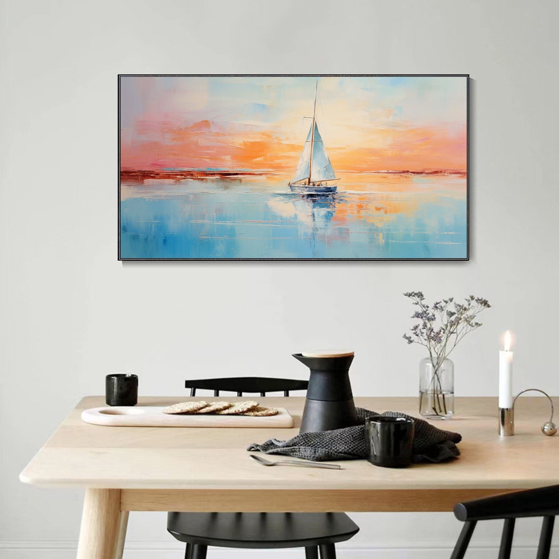 Lone Sailboat Sunrise Calm Sea Pastel Sky Minimalist Wall Art - Image 4