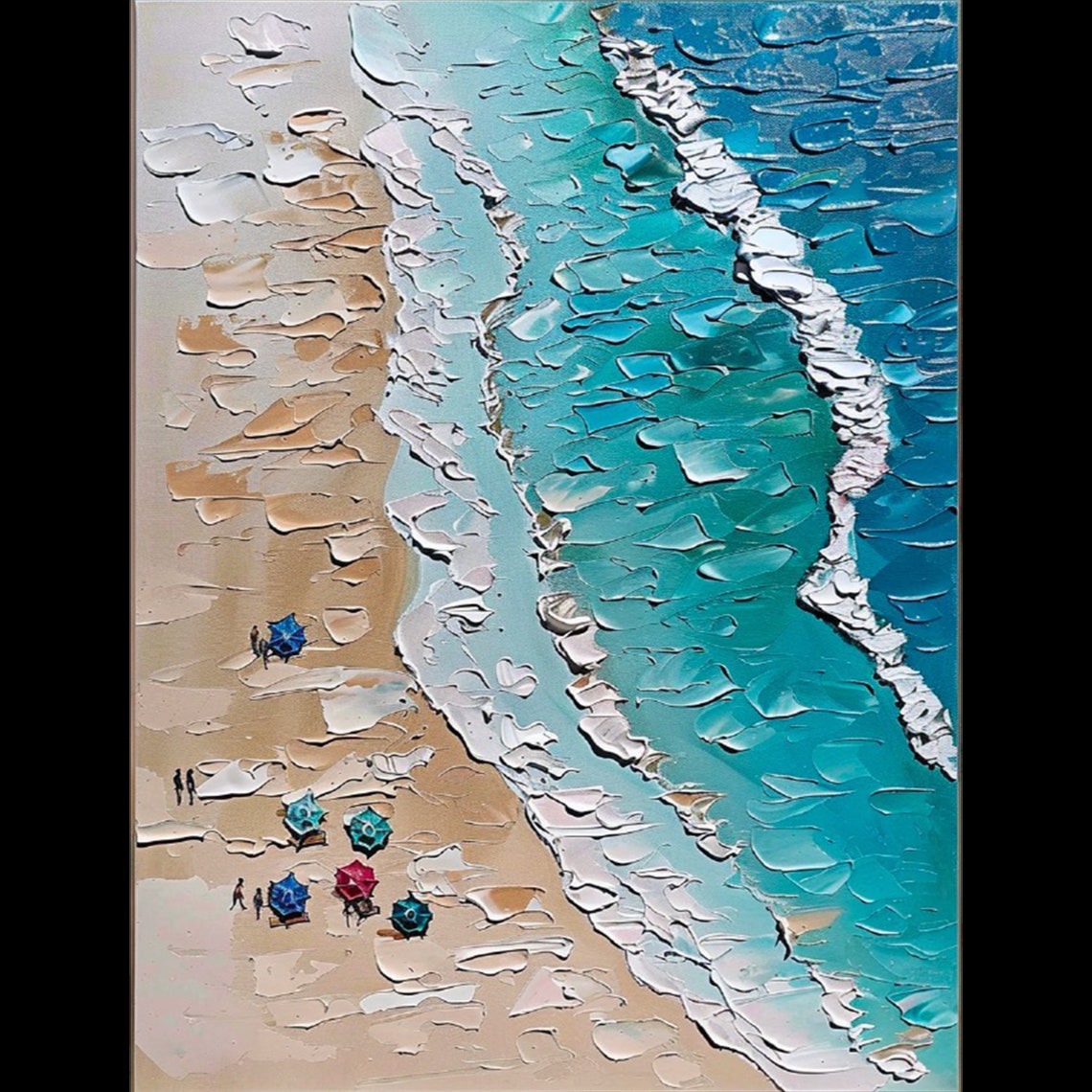 Aerial Beach Umbrellas Turquoise Waves Textured Impasto Wall Art - Image 4