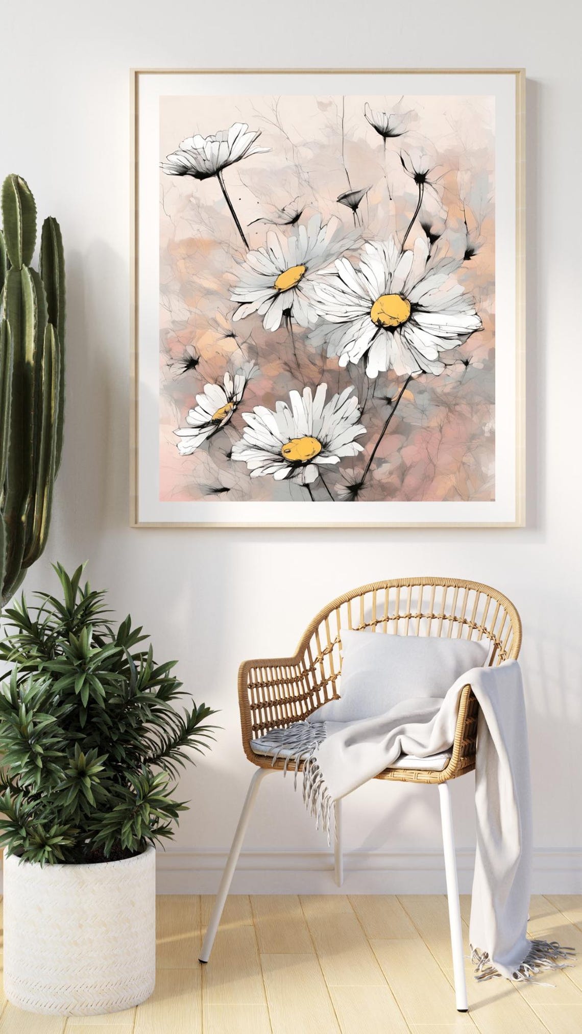 White Daisies Line Art Pink Watercolor Floral Spring Wall Art Print - Image 3
