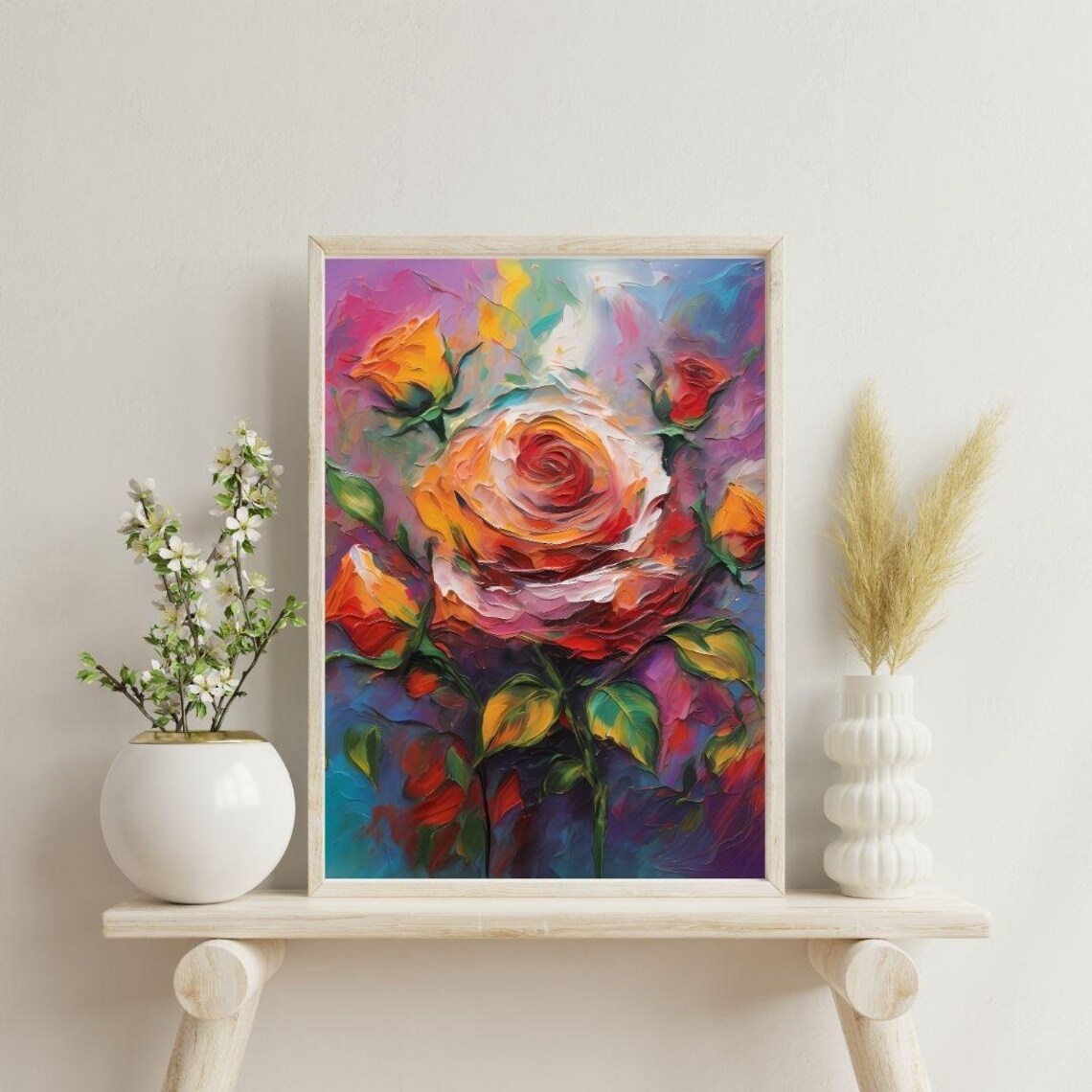 Orange Rose Flower Oil Painting Buds Purple Background Wall Art Print