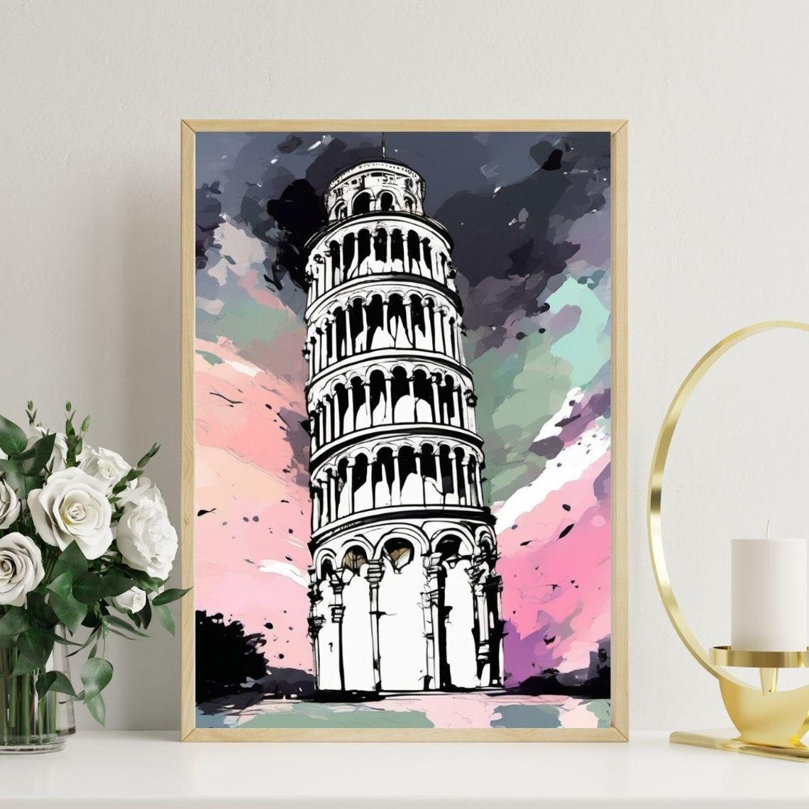 Tower of Pisa Italy Line Art Pink Sky Landmark Travel Poster Print - Image 2
