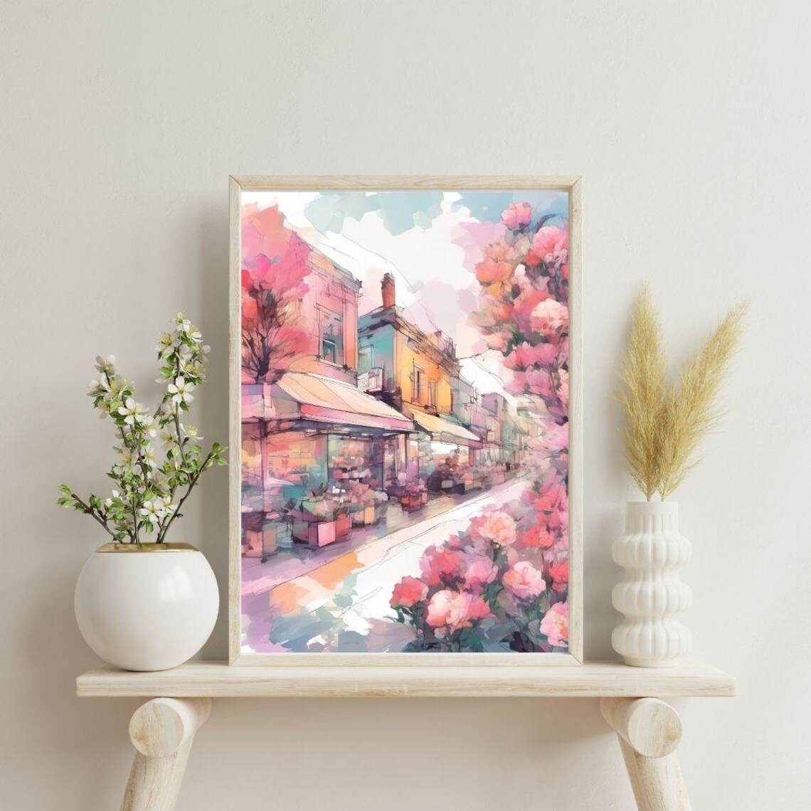 European Old Town Street Pink Blossom Watercolor Spring Travel Poster