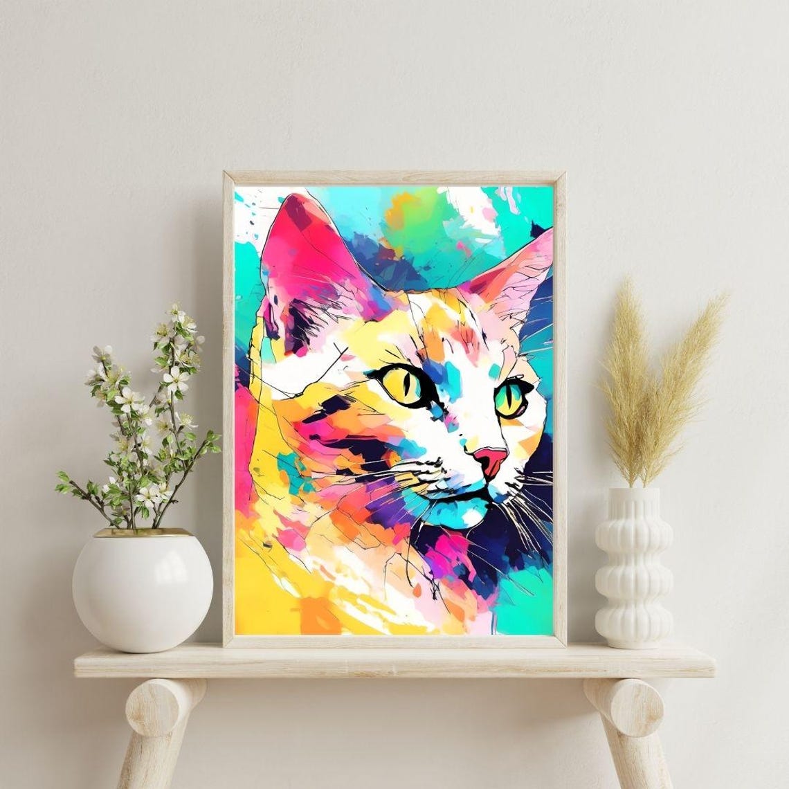 Colorful Pop Art Cat Portrait Teal Pink Yellow Modern Animal Wall Art
