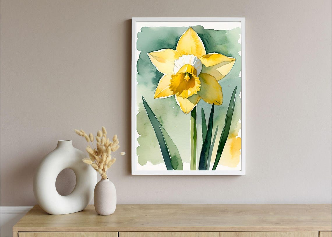 Yellow Daffodil Watercolor Spring Bloom Green Botanical Wall Art Print - Image 3