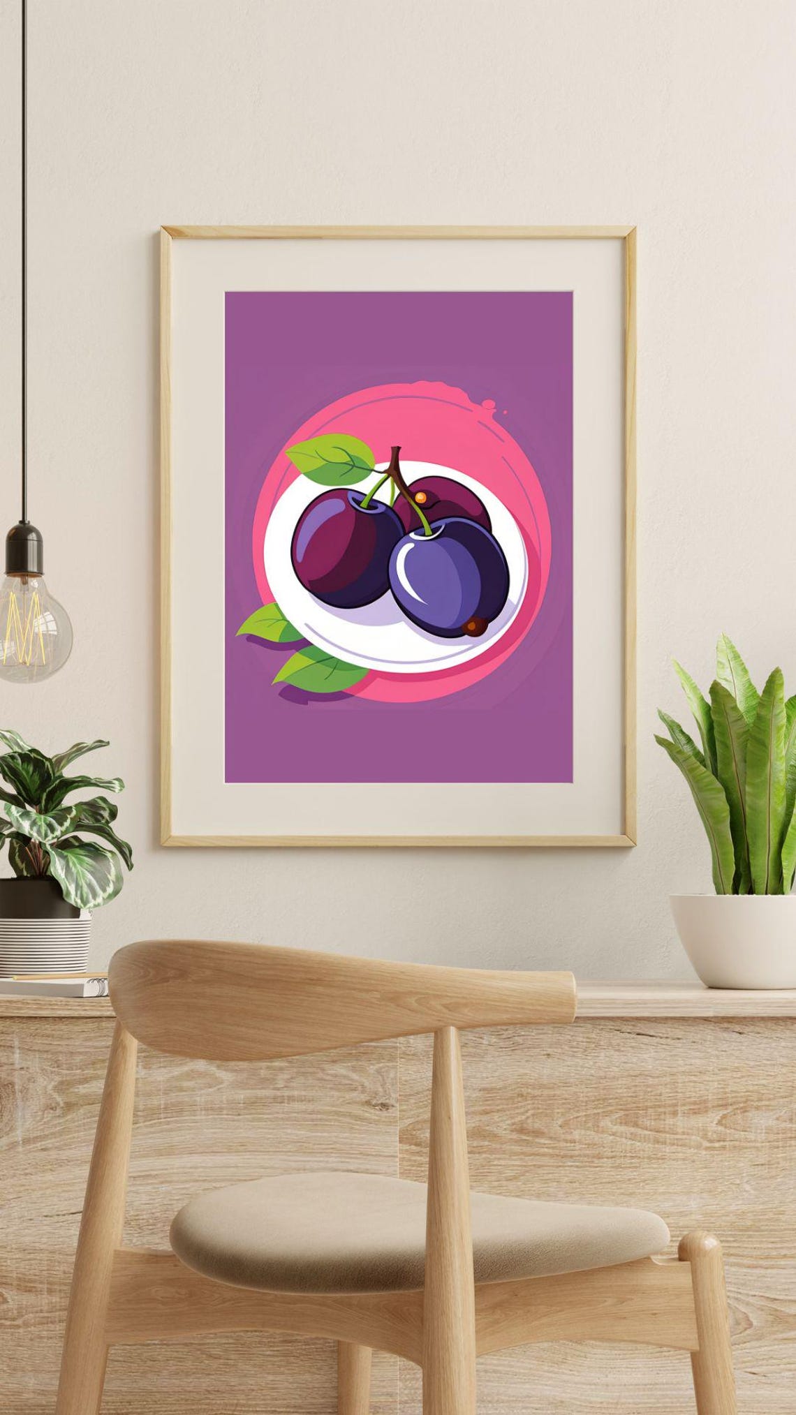Plum Fruit Vector Art Purple Background Cute Kitchen Wall Art - Image 3