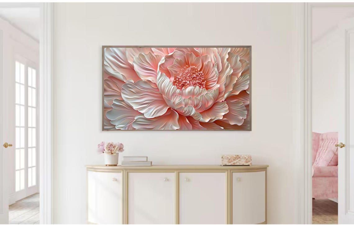 Blush Pink Peony Impasto Textured 3D Bloom Close Up Floral Art Poster - Image 2