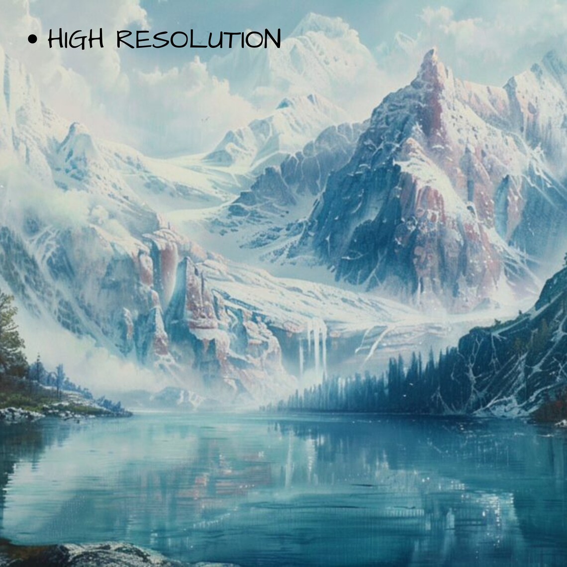 Snowy Alpine Peaks Misty Mountain Lake Reflection Winter Poster - Image 3
