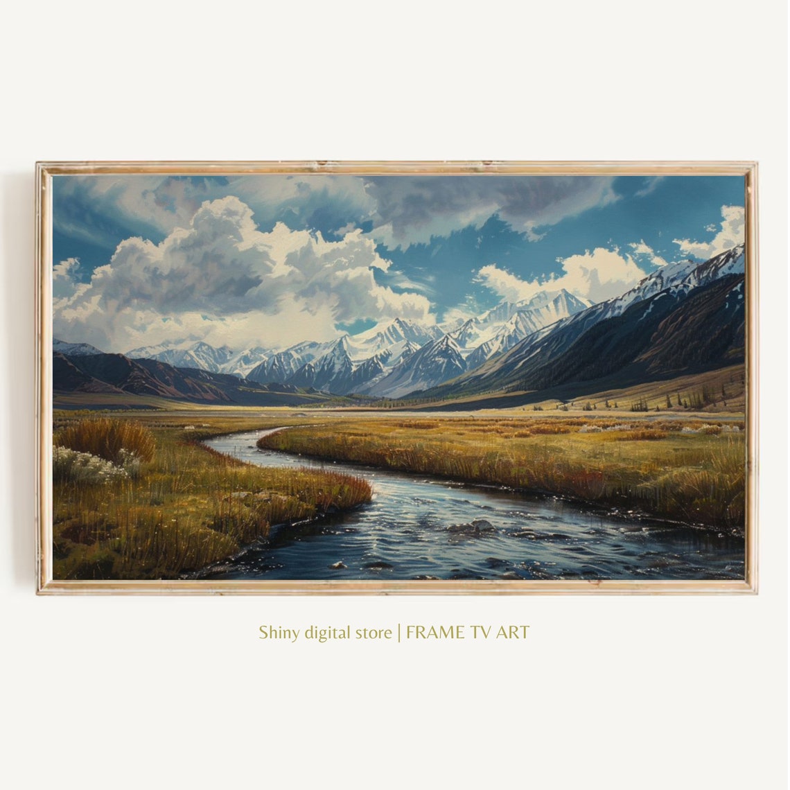 Winding River Through Golden Meadow Snowcapped Mountains Poster