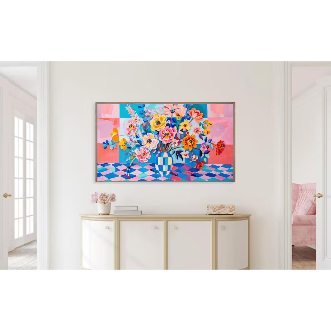Checkered Vase Bouquet Pop Art Floral Colorful Maximalist Wall Poster - Image 3