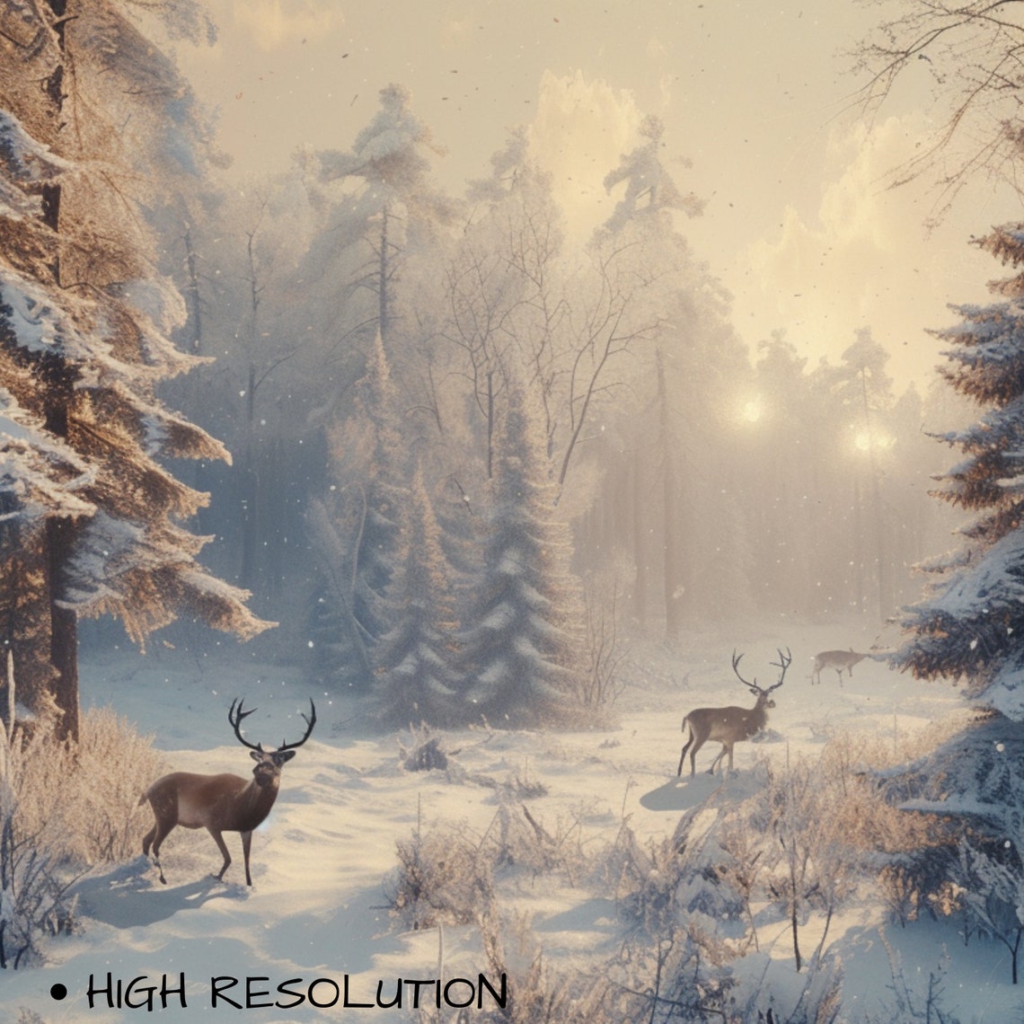 Deer In Snowy Forest Winter Golden Light Stags Pine Trees Art Print - Image 3