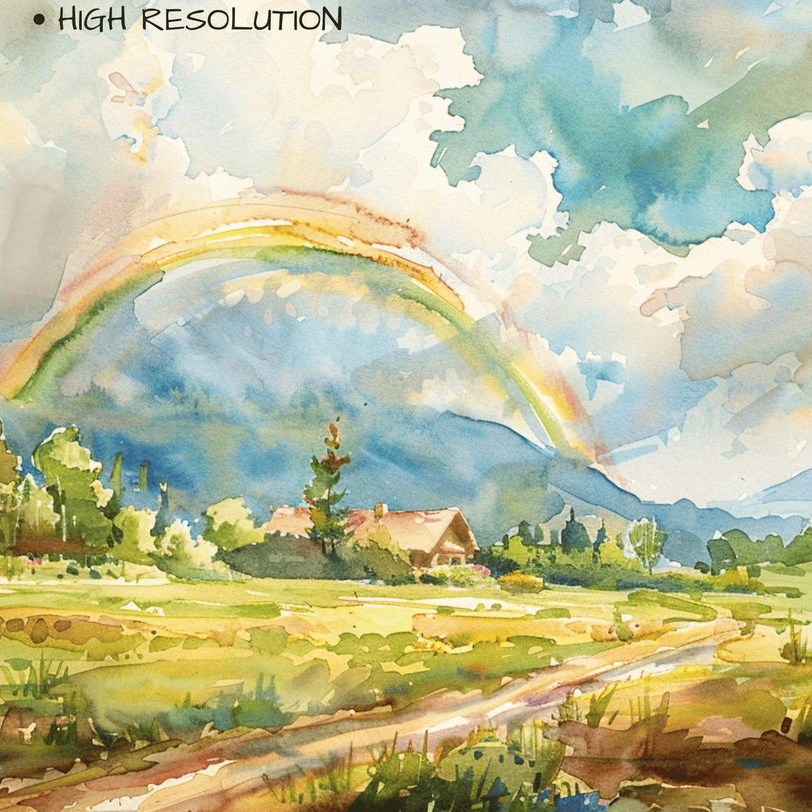 Watercolor Rainbow Countryside Cabin Mountain Valley Green Art Print - Image 3