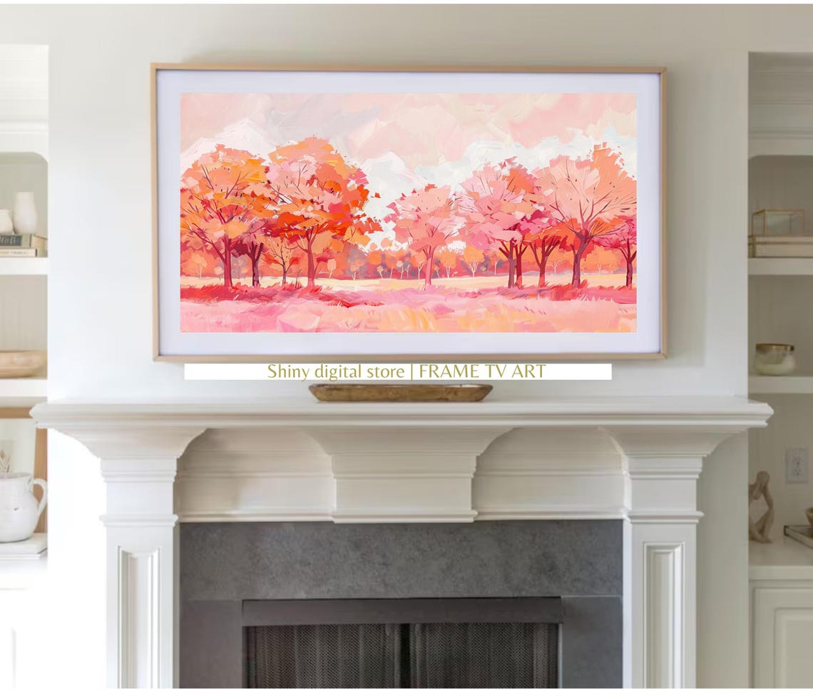 Pink Coral Autumn Tree Line Soft Fall Landscape Pastel Wall Art - Image 3