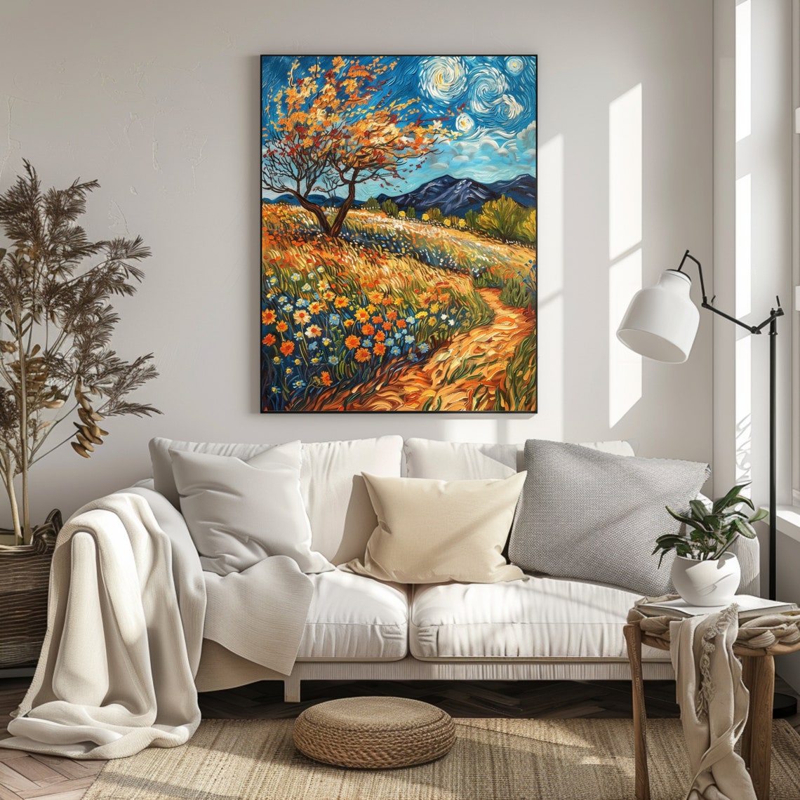 Van Gogh Inspired Wildflower Meadow Orange Tree Starry Night Art Print - Image 3