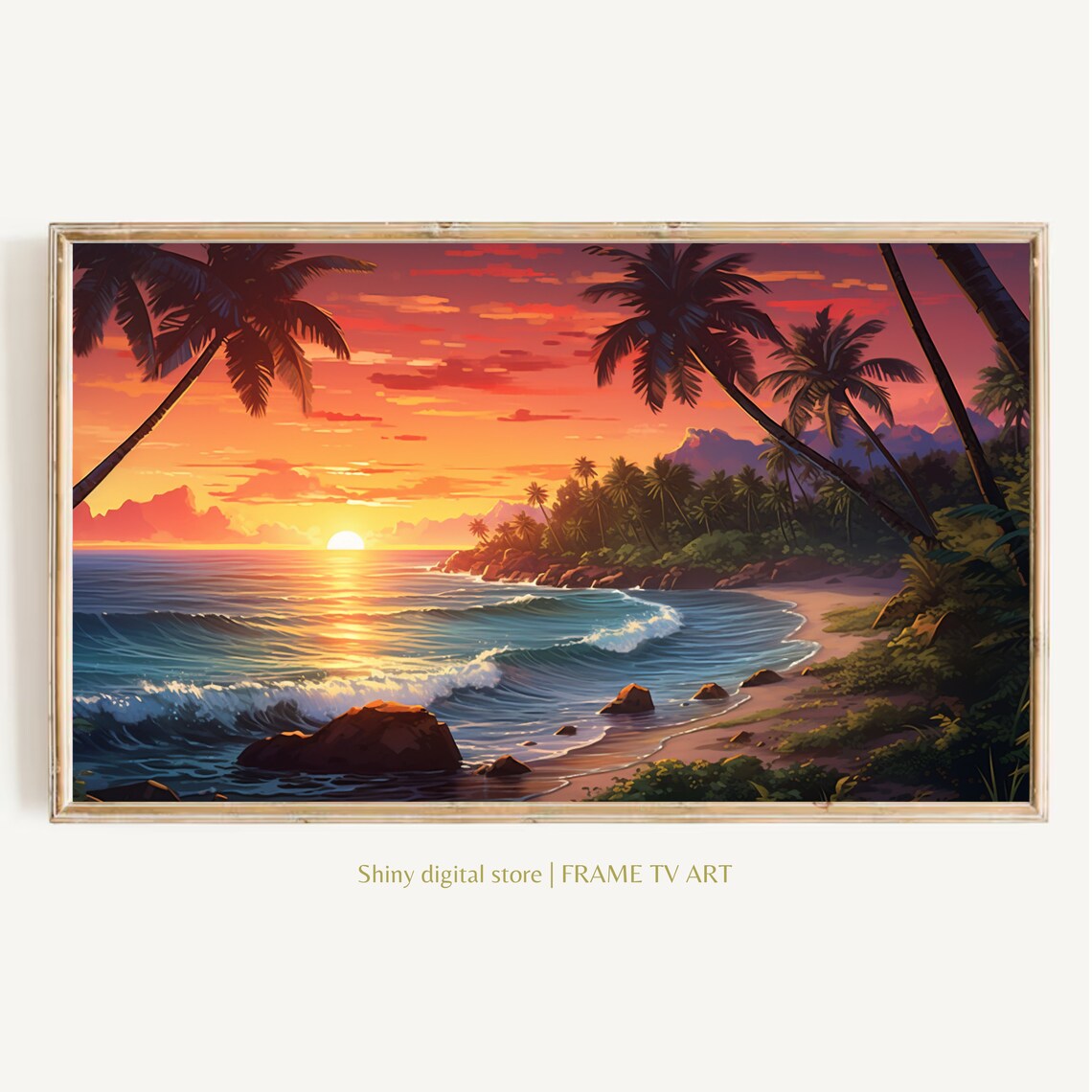Tropical Cove Sunset Leaning Palms Turquoise Waves Illustration Poster