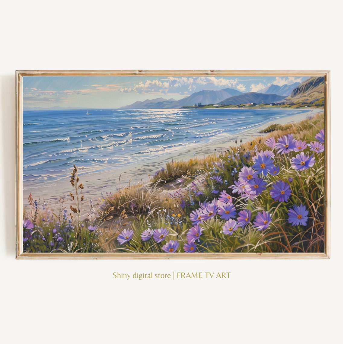 Coastal Wildflower Beach Purple Flowers Ocean Mountains Summer Poster