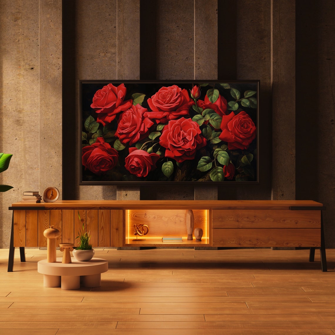Vibrant Red Roses Floral Painting Dark Botanical Wall Art Print - Image 2