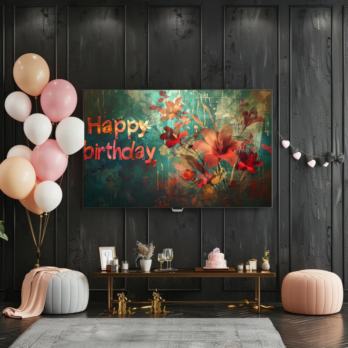 Happy Birthday Floral Art Teal Gold Lilies Party Celebration Poster - Image 2