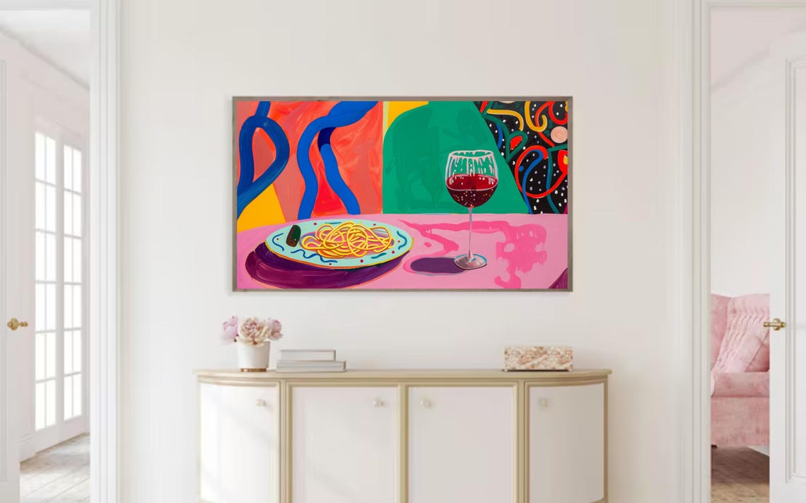 Spaghetti Plate Red Wine Pop Art Colorful Kitchen Still Life Poster - Image 2