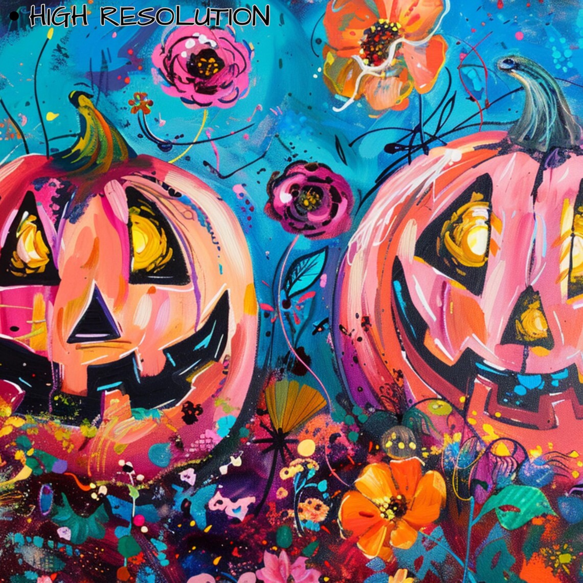 Pink Jack O Lanterns With Wildflowers Colorful Halloween Painting Poster - Image 3