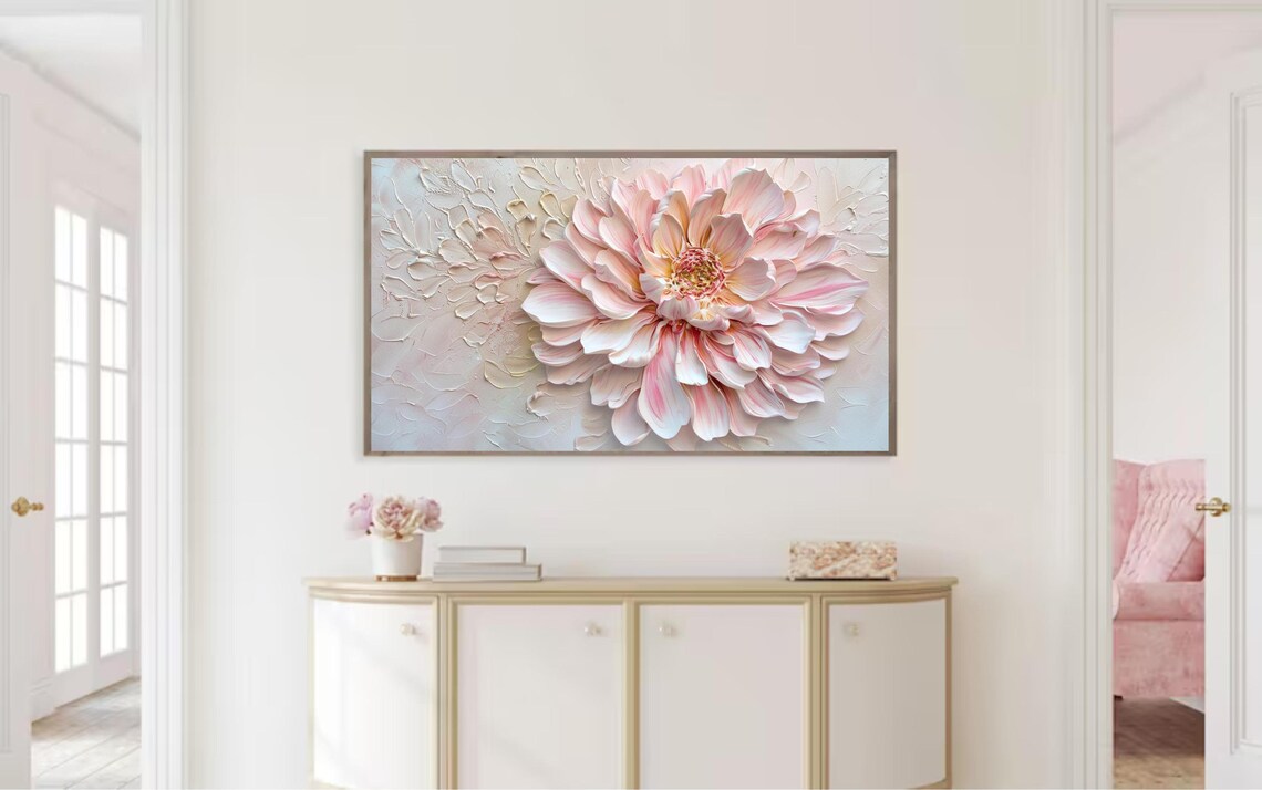 Blush Pink Dahlia Impasto Textured Floral Close Up Wall Art Poster - Image 2