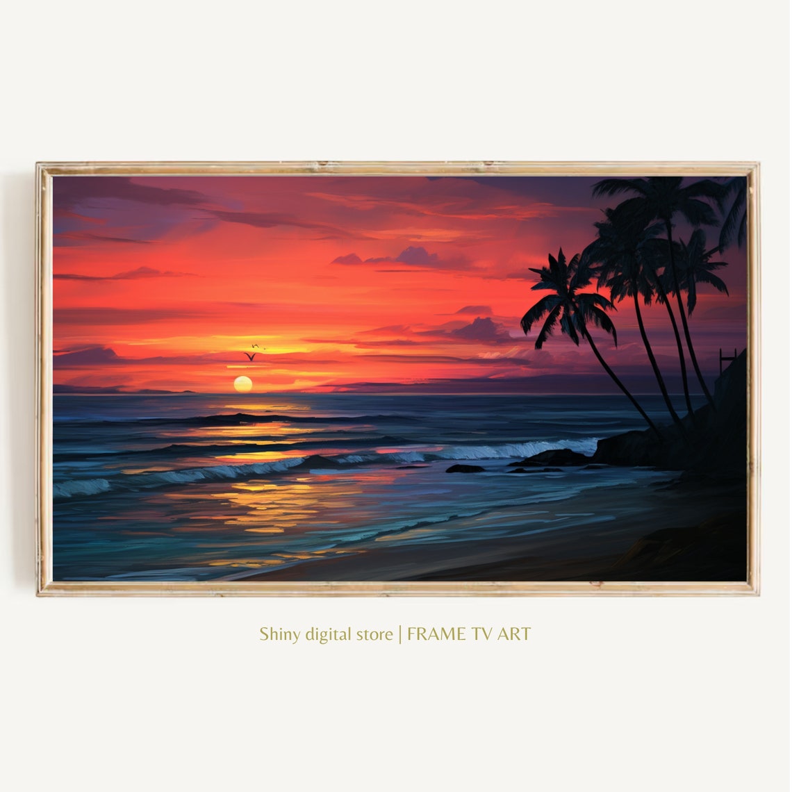 Tropical Beach Sunset Palm Silhouette Red Sky Oil Painting Poster