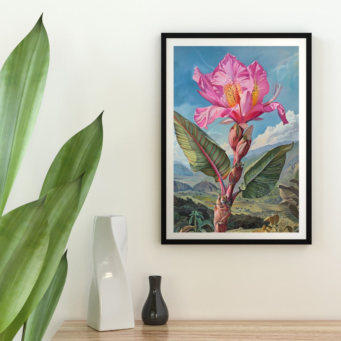 Tropical Pink Flower Banana Leaves Mountain Landscape Botanical Print - Image 2