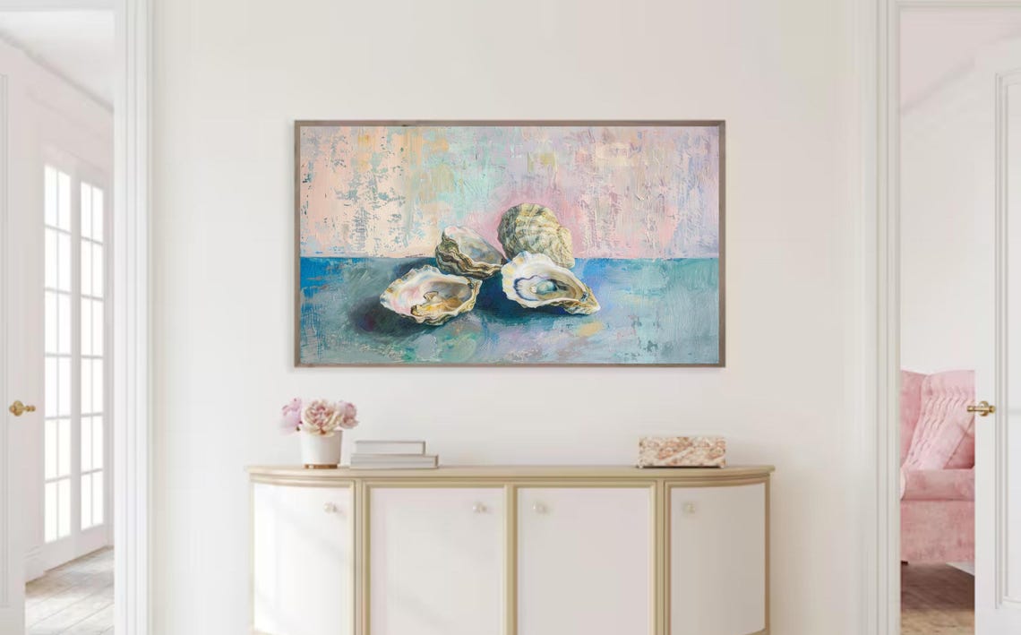 Oyster Shells Coastal Still Life Pastel Pink Blue Ocean Art Poster - Image 2
