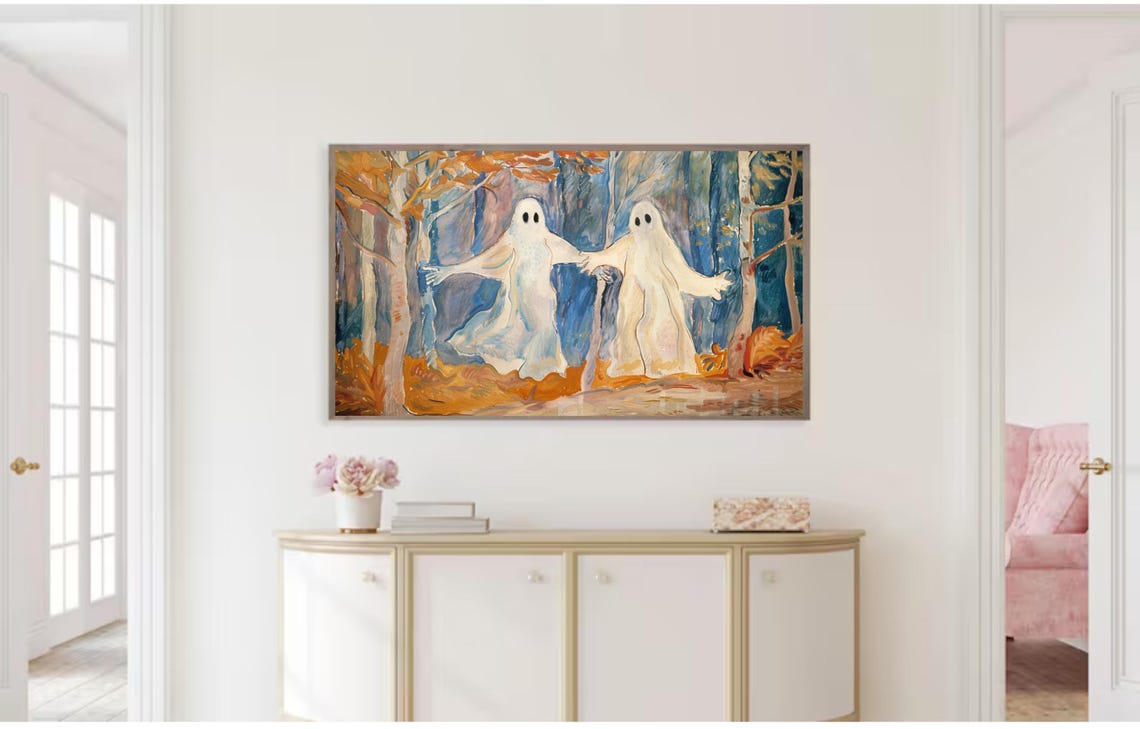 Halloween Frame Tv Art Cute Ghost Art For Fall Tv Warm Toned Autumn Cottagecore Illustration - Image 3