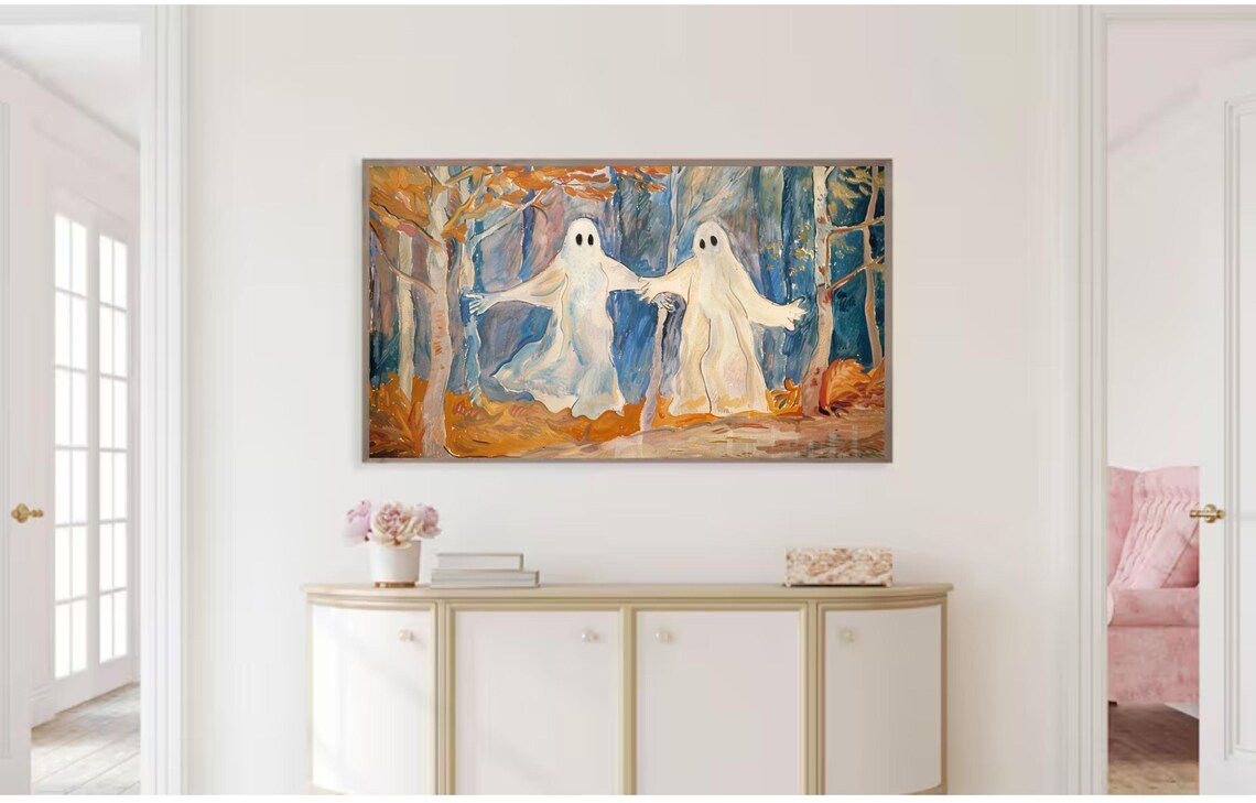Two Cute Ghosts Holding Hands Autumn Forest Halloween Whimsical Wall Art - Image 3